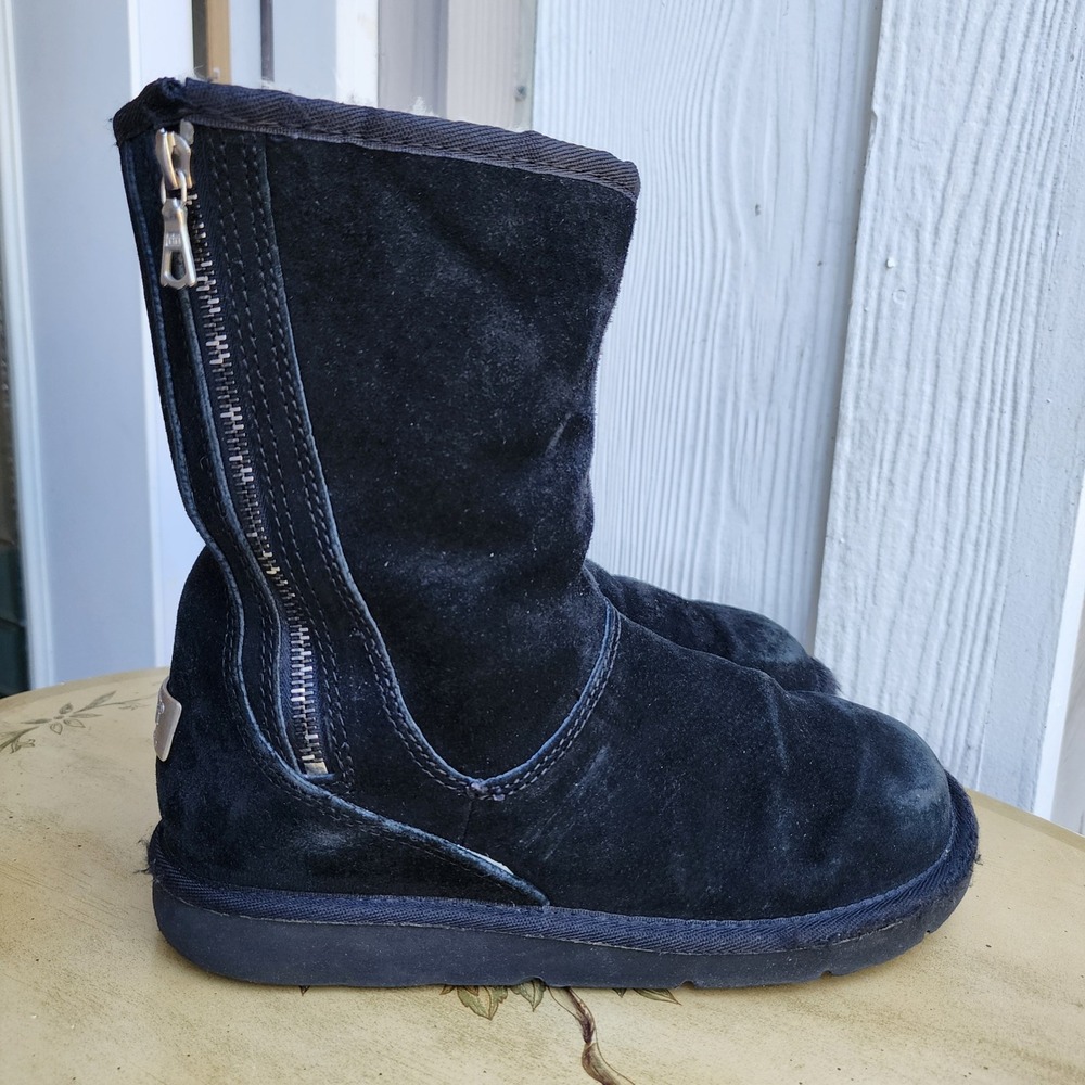 UGG Mayfaire Sz 8 Black Suede Y2K Sheepskin Side Zip Boots Mid Calf Classic